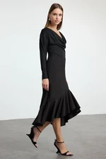 Trendyol Black Asymmetrical Stretch Midi Knitted Skirt