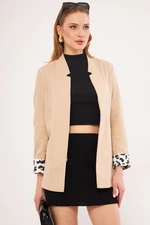 armonika Women's Beige Ikosiena Jacket Stand Collar Sleeves Leopard Patterned