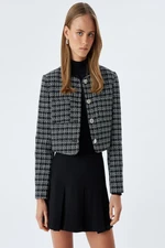 Koton Tweed Crop Jacket Round Neck Pocket Detail Buttoned Wool Blend