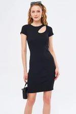 armonika Women's Black Collar Windowed Short Sleeve Dress