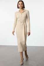 Trendyol Beige Maxi Belted Knit Dress