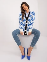 White and cobalt blue cardigan with a neckline