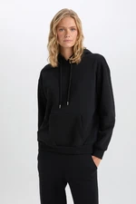 DEFACTO Relax Fit Hooded Kangaroo Pocket Thick Casual Basic Plain Black Sweatshirt