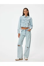 Koton Crop Denim Jacket Pocket Detailed Buttoned Relaxed Cut Shirt Collar