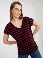 Black and red women's basic striped cotton t-shirt