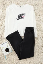 Trendyol Black-White Cat Printed Knitted Pajamas Set with Ribbed Bottom