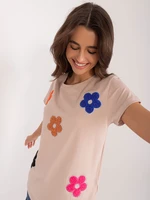 Dark beige T-shirt with floral appliqué BASIC FEEL GOOD