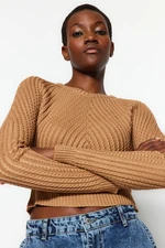 Trendyol Camel Crop Sweter z dzianiny z okrągłym dekoltem