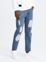 Ombre Men's TAPERED FIT denim pants with holes - dark blue