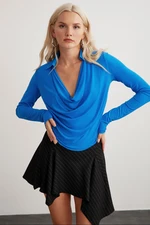 GRIMELANGE Aurora Women's Degassing Shirt Collar Flowy Sandy Fabric Blue Blous