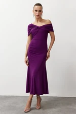 Trendyol Purple Asymmetrical Collar Knitted Stylish Evening Dress