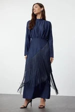 Trendyol Navy Blue Self-Patterned Tasseled Satin Woven Evening Dress