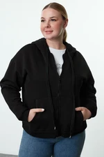 Trendyol Curve Black Hooded Plus Size Knitted Sweatshirt with Fleece Inside and Zipper on the Front