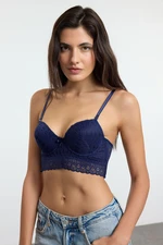 Trendyol Navy Blue Lace Openwork/Hole Rope Strap Push Up Bustier Knitted Bra