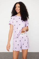 Trendyol Lilac Heart Slogan Printed Rubber Detailed Corded Knitted Pajama Set