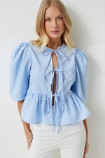 Happiness İstanbul Women's Sky Blue Bow Balloon Sleeve Cotton Poplin Blouse