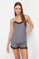 Trendyol Anthracite Lace and Ribbon/Bow Detailed Rope Strap Ribbed Knitted Pajama Set