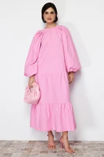 Trendyol Pink Balloon Sleeve Skirt Layered Cotton Woven Dress