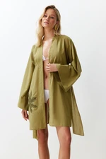 Trendyol Oil Green Belted Mini Woven Embroidered 100% Cotton Kimono&Kaftan