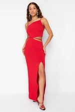 Trendyol Red Bias Detailed Knitted Long Evening Dress