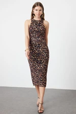 Trendyol Brown Multicolored Animal Patterned Leopard Knitted Tulle Elegant Evening Dress