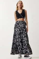 Happiness İstanbul Women's Black Floral Patterned Flounce Viscose Skirt