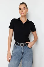 Trendyol Black Polo Neck Buttoned Short Sleeve Stretchy Ribbed Knitted Blouse