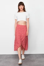 Trendyol Red Slit Floral Patterned Midi Woven Skirt