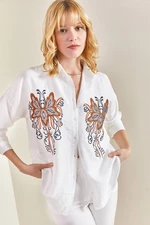 Bianco Lucci Women's Butterfly Patterned Linen Oversized Shirt