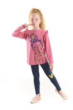 Mushi Love Cat Cat Girl Child Pink T-shirt, Navy Blue Leggings Set.