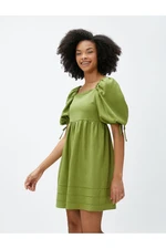 Koton Mini Dress Linen Blend Balloon Sleeves Window Detail Bow Detail