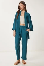 Happiness İstanbul Women's Emerald Green Kimono with Pants and Knit Set