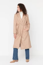 Trendyol Camel oversize Belted razený kabát