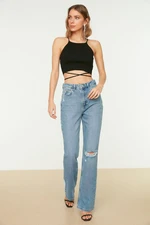 Trendyol Blue Ripped Detailed High Waist Flare Jeans