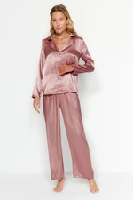 Trendyol Brown Satin Shirt-Pants Weave Pajamas Set