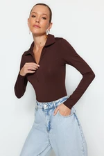 Trendyol Brown Zipper Collar Detail, Snap Snaps at the Bottom, Flexible Knitted Knit Body