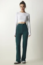 Happiness İstanbul Women's Emerald Green High Waist Lycra Casual Knitted Trousers