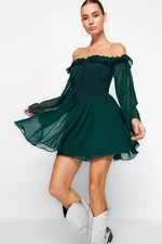 Trendyol Emerald Green Open Waist/Skater Lined Flounce Chiffon Elegant Evening Dress