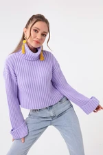 Lafaba Women's Lilac Wide Ribbed Turtleneck Knitwear Crop Sweater.