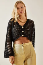 XHAN Black Openwork Perforated Crop Cardigan