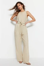 Trendyol Beige Linen Belted Denim Jumpsuit