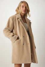 Happiness İstanbul Women's Beige Rabbit Hair Look Oversized Coat