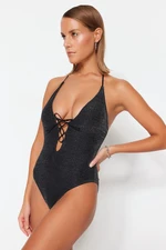 Trendyol Deep-decollete Black Evening Swimsuit with piping and glittery legs