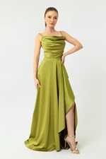 Lafaba Women's Pistachio Evening Dress and Prom Dress with Ruffles and a Slit in Satin