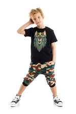 Mushi Wolf Boy Black T-shirt Camouflage Capri Shorts Summer Suite