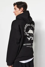 Trendyol Black Men's Oversize/Wide-Cut Hoodie with Fluffy Print Detailed Fleece Inner Cotton Sweatshirt.