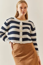 XHAN Navy Blue Gold Buttoned Openwork Cardigan