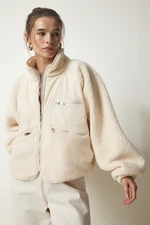 Happiness İstanbul Women's Cream Zipper Plush Jacket Coat