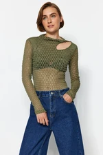 Trendyol Khaki Sheer Textured Cut Out/Window Detail Fitted/Simple Knitted Blouse