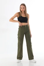 BİKELİFE Women's Khaki High Waist Multi Pocket Straight Fit Cargo Pants